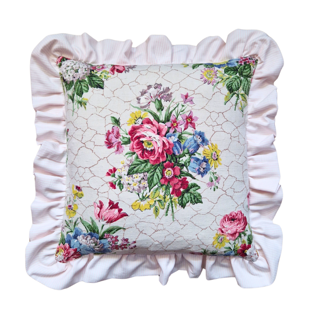 Vintage Floral Ruffle Cushion Cover  In Cottage Garden Posy Design - 16 inch