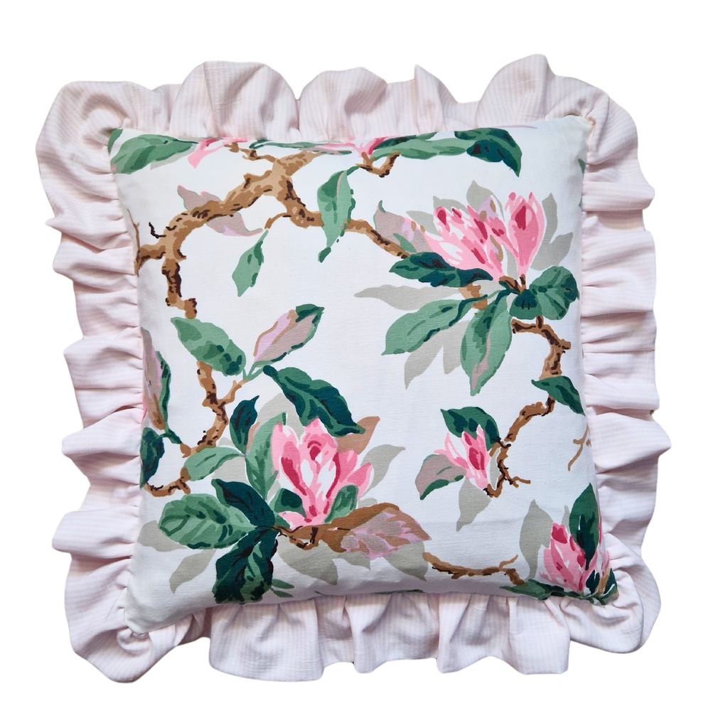 Vintage Floral Ruffle Cushion Cover  In Pink And White Magnolia Print - 16 inch