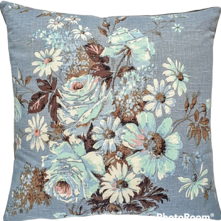 Vintage Floral Fabric Cushion Cover In Blue Painterly Florals