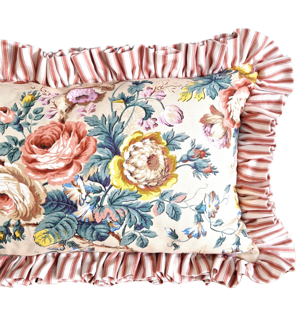 Large Frilled Bolster Cushion Cover In Vintage Wardle Chintz  with Ticking Frill