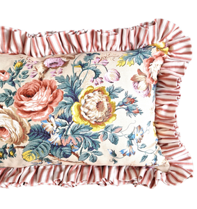 Large Frilled Bolster Cushion Cover In Vintage Wardle Chintz  with Ticking Frill