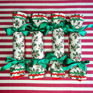 Luxury Fabric Christmas Crackers In Holly And Star Print
