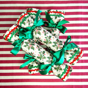 Luxury Fabric Christmas Crackers In Holly And Star Print