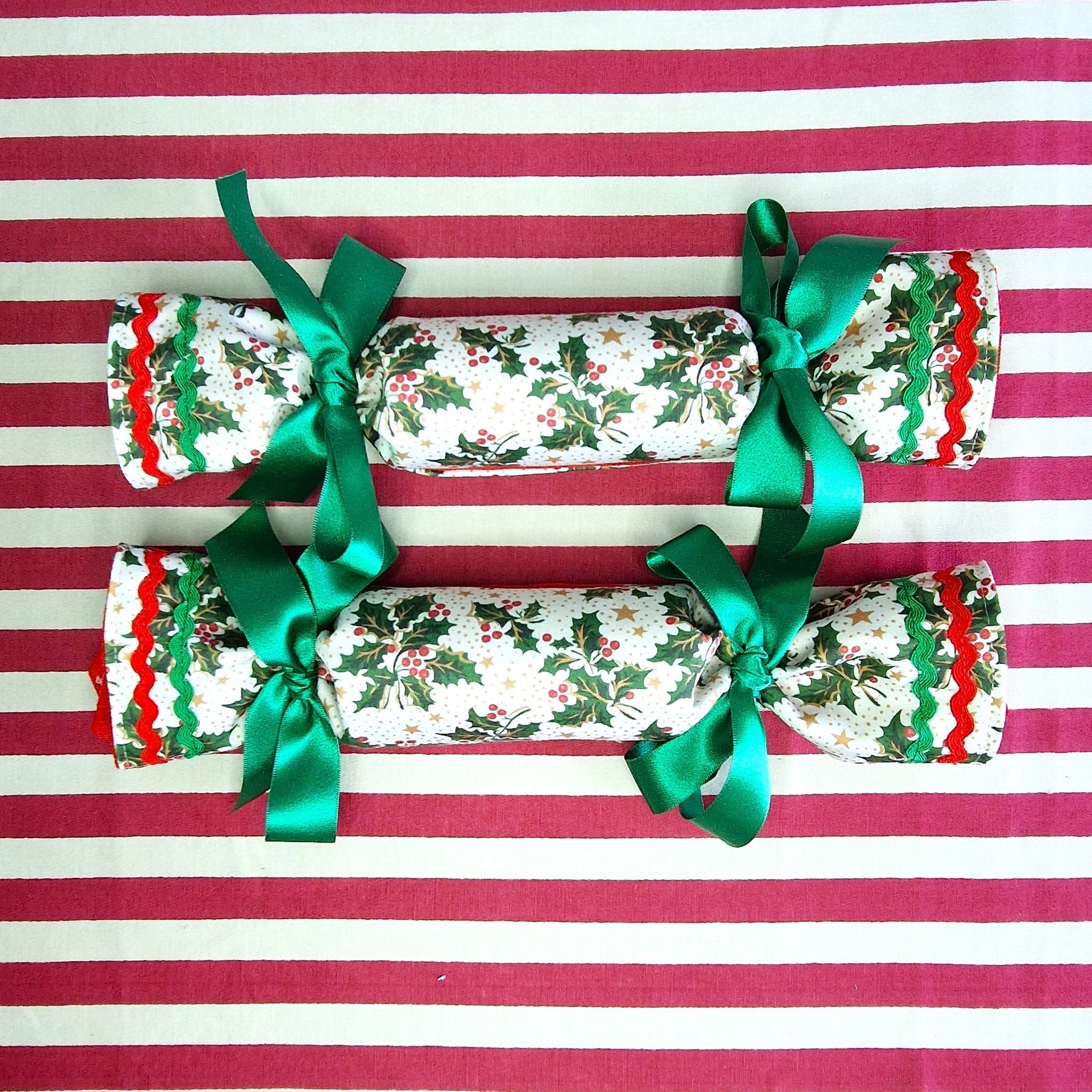 Luxury Fabric Christmas Crackers In Holly And Star Print