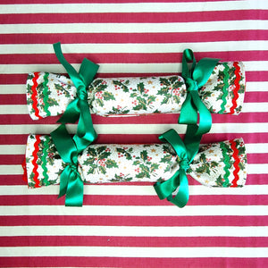 Luxury Fabric Christmas Crackers In Holly And Star Print