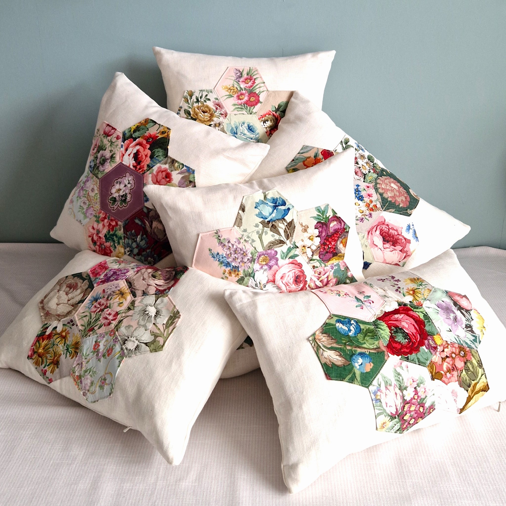 Patchwork Floral Cushion Cover  In Irish Linen C' - 16 inch