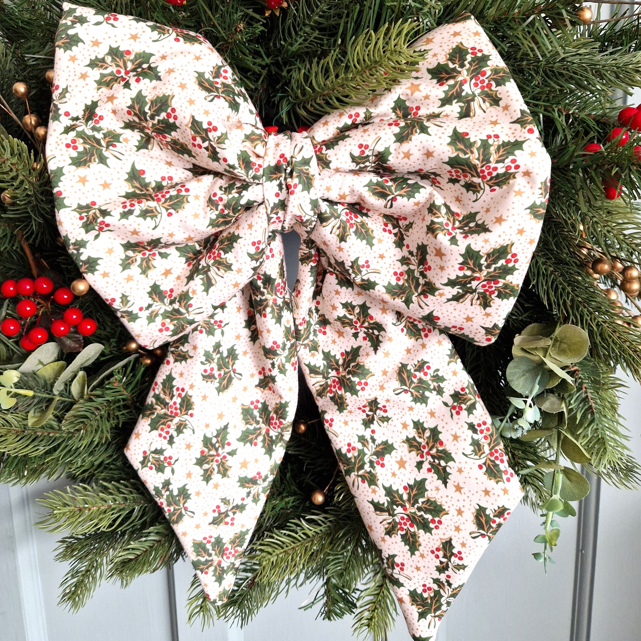 Large Fabric Bow -  Holly And Star Print