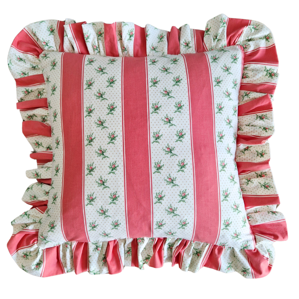 Ruffle Cushion Cover In Vintage Jane Churchill Rosebud Stripe  - 18 inch