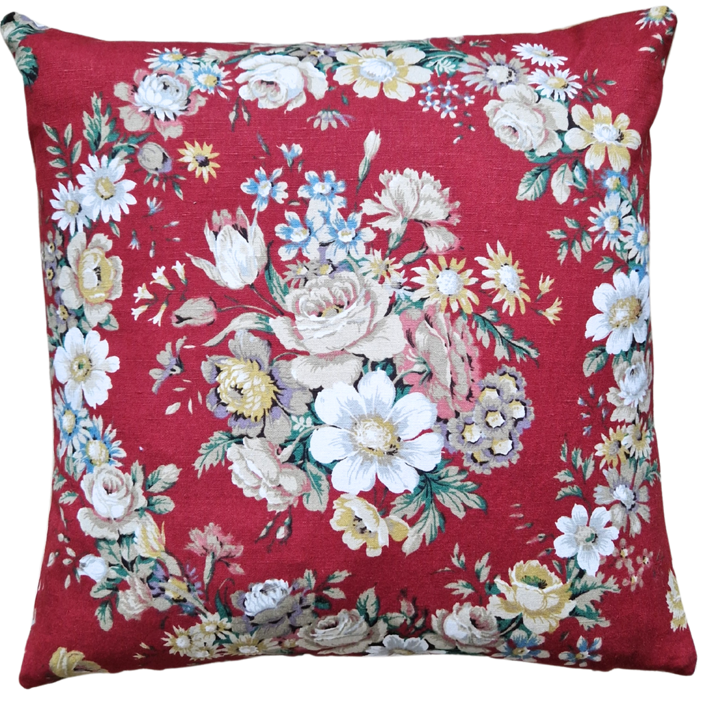 Vintage Floral Cushion Cover In Sanderson Deep Red Floral Wreath Design