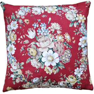 Vintage Floral Cushion Cover In Sanderson Deep Red Floral Wreath Design