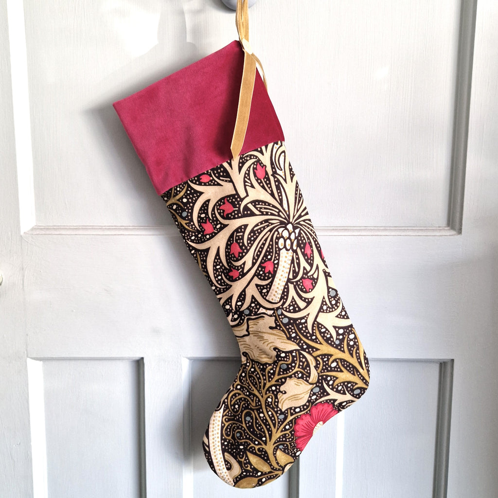 William Morris Christmas Stocking - Seaweed - Deep Raspberry Velvet