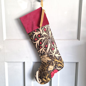 William Morris Christmas Stocking - Seaweed - Deep Raspberry Velvet
