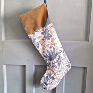 William Morris Christmas Stocking - Strawbeery Thief  Slate/beige - Caramel Velvet