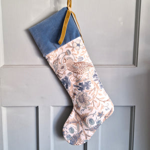 William Morris Christmas Stocking - Strawberry Thief Slate/Beige - Blue Velvet