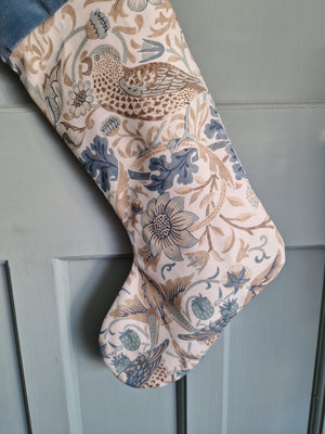 William Morris Christmas Stocking - Strawbeery Thief  Slate/beige - Caramel Velvet