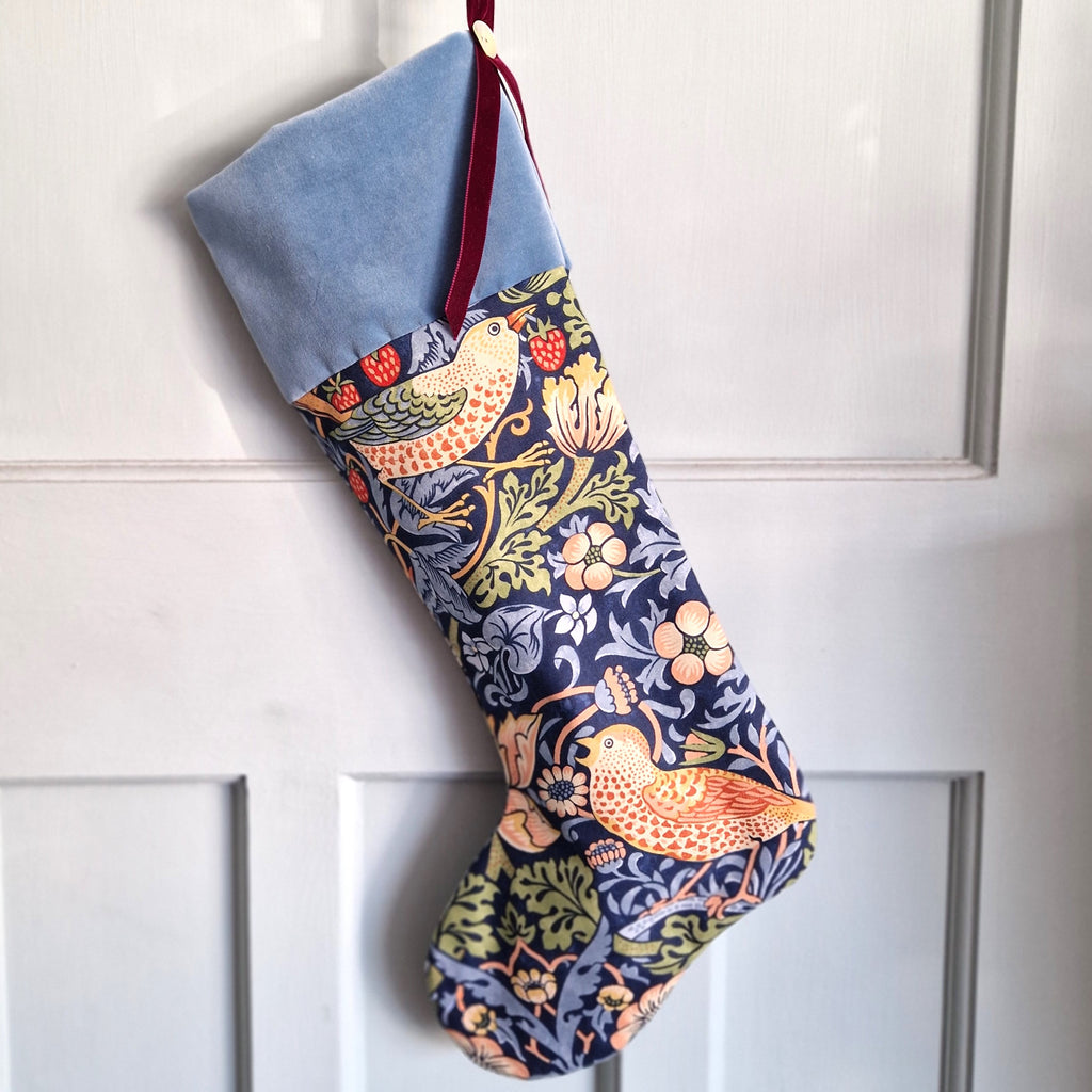 William Morris Christmas Stocking - Strawberry Thief Indigo - Blue Velvet