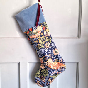 William Morris Christmas Stocking - Strawberry Thief Indigo - Blue Velvet