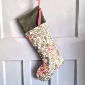 William Morris Christmas Stocking - Honeysuckle - Deep Sage Velvet