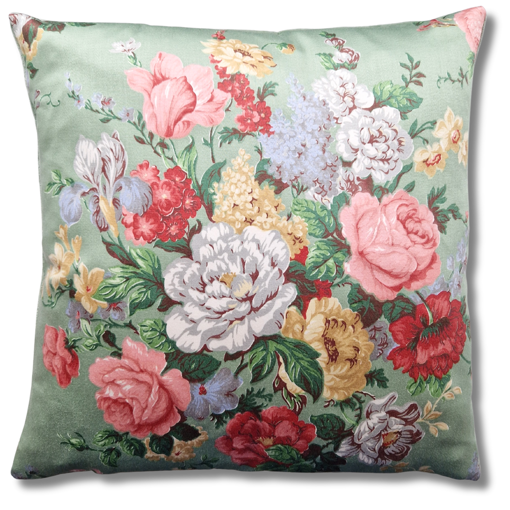 Vintage Floral Cushion Cover In Grafton Bold Floral Sateen Pale Green