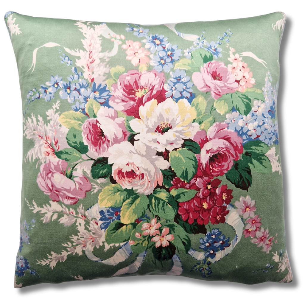 Vintage Floral Cushion cover In Green Floral Ribbon Bouquet - 18 inch