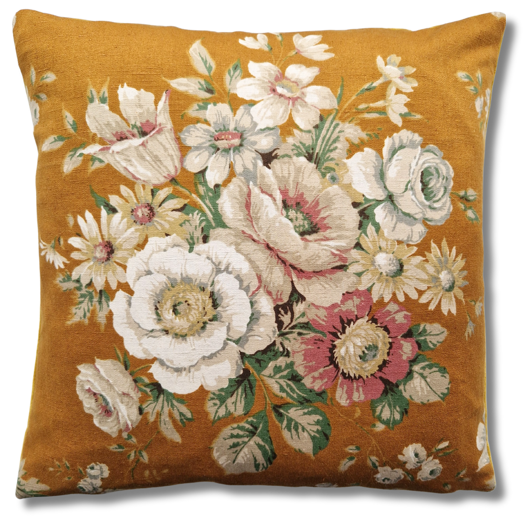 Vintage Floral Fabric Cushion Cover In Mustard  Floral Bouquet  - 18 inch
