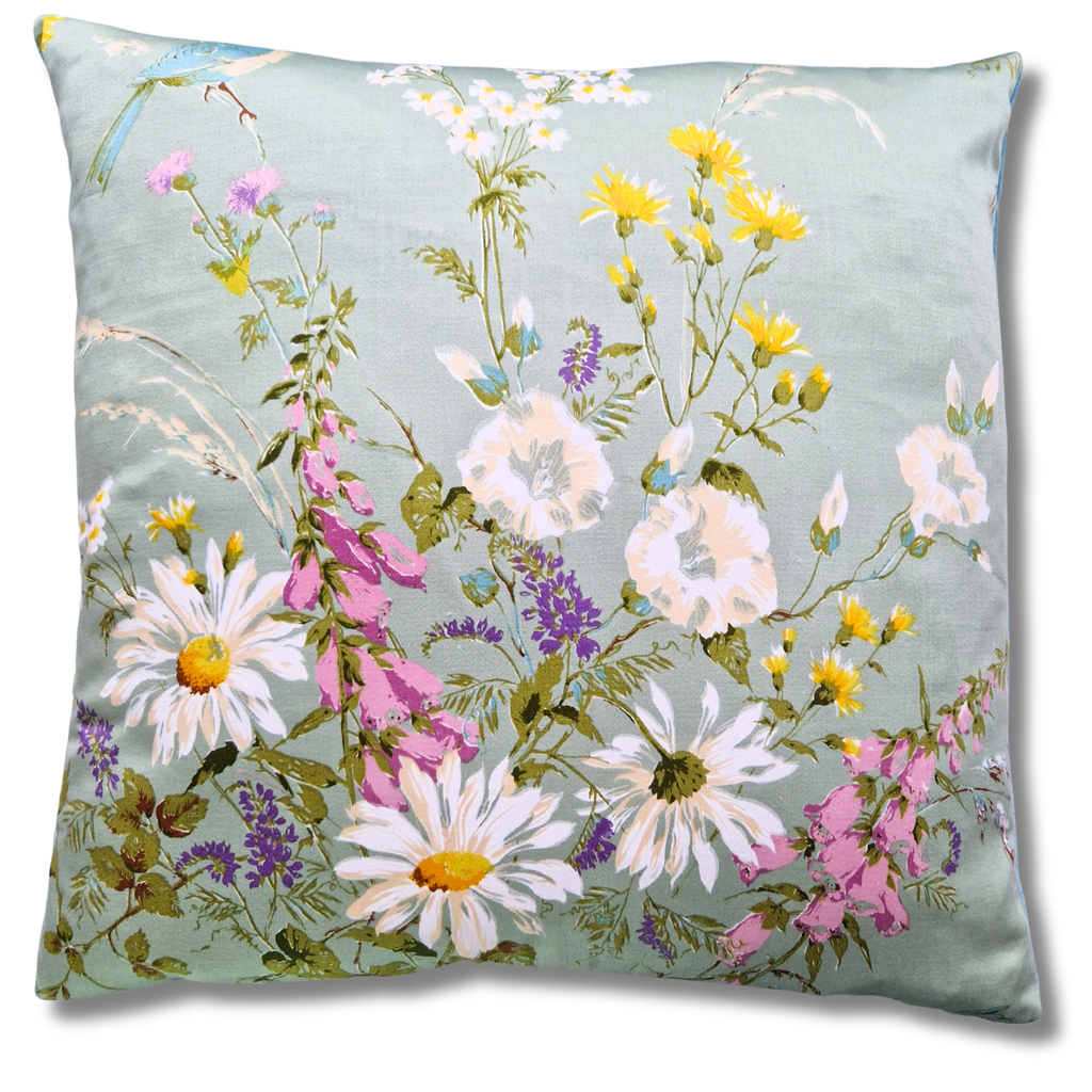Vintage Floral Cushion Cover In Pale Green Meadow Print Sateen