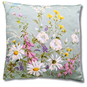 Vintage Floral Cushion Cover In Pale Green Meadow Print Sateen