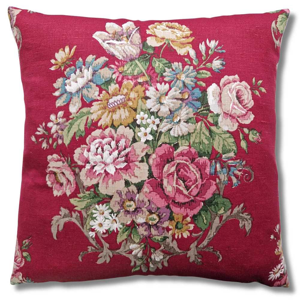 Vintage Cushion Cover in Sanderson Deep Red Floral Bouquet Design