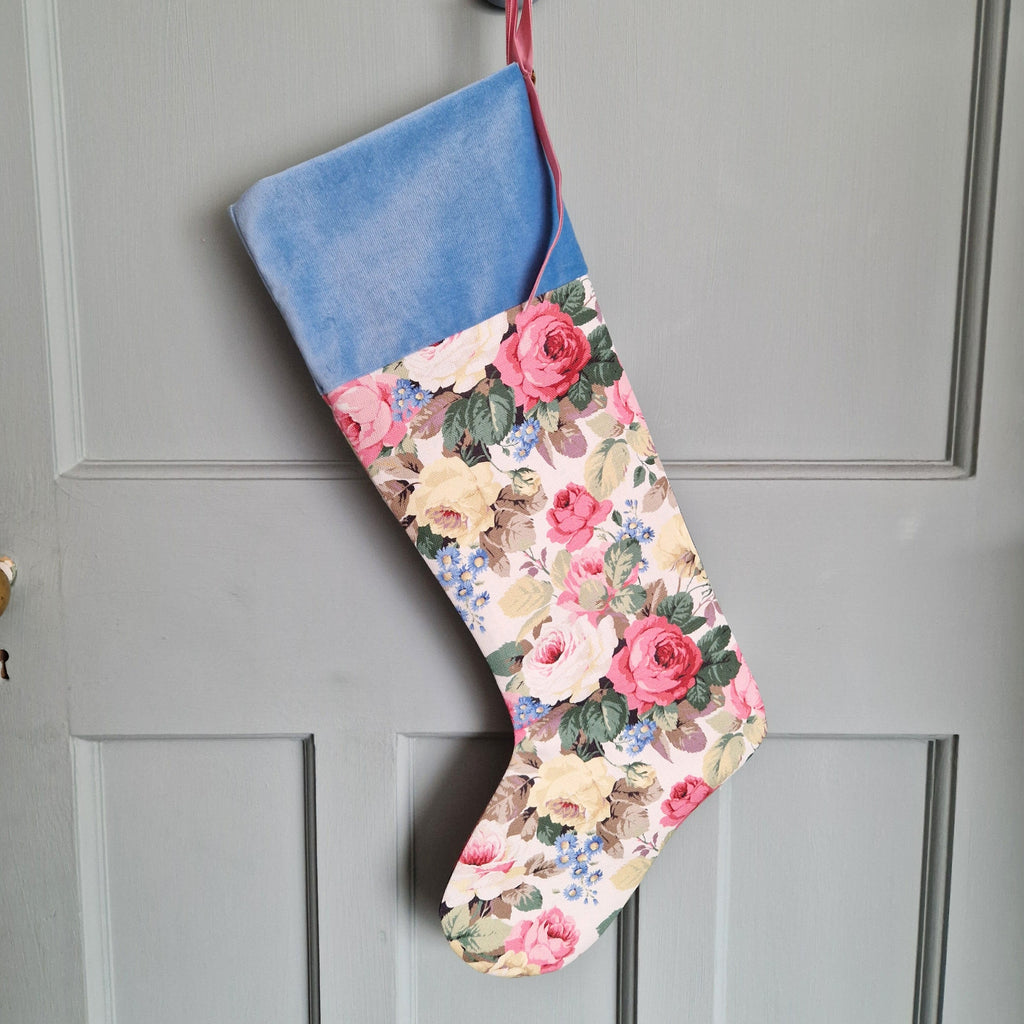 Floral Fabric Christmas Stocking -Sanderson Chelsea Rose With Blue Velvet