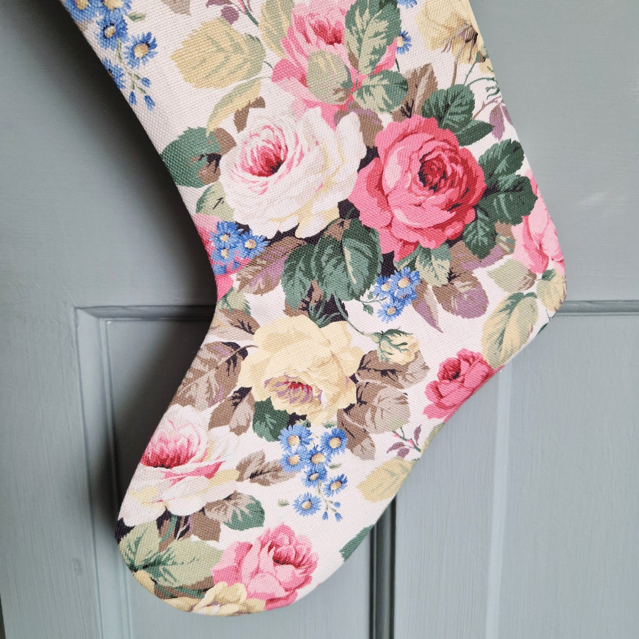 Floral Fabric Christmas Stocking -Sanderson Chelsea Rose With Blue Velvet