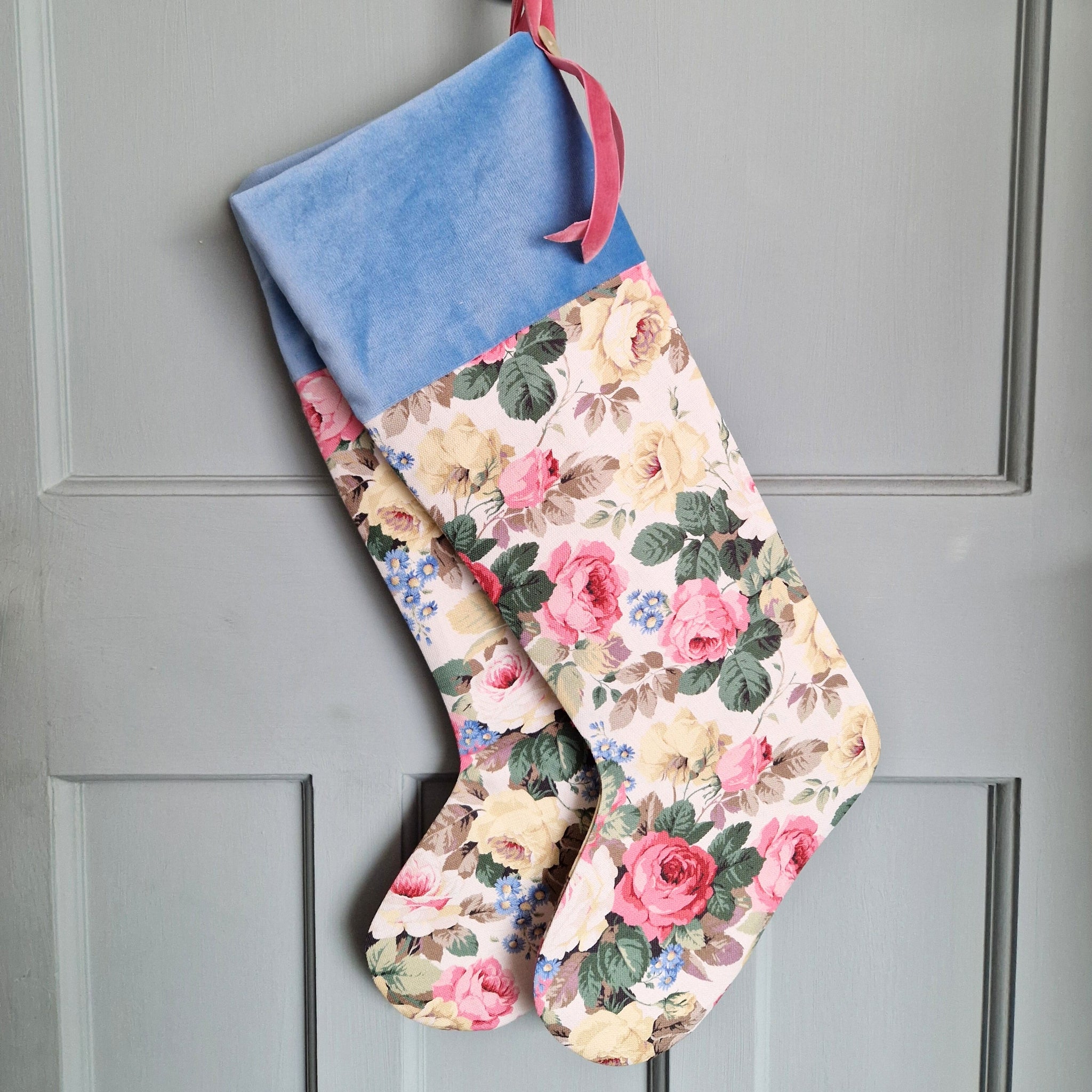 Floral Fabric Christmas Stocking -Sanderson Chelsea Rose With Blue Velvet