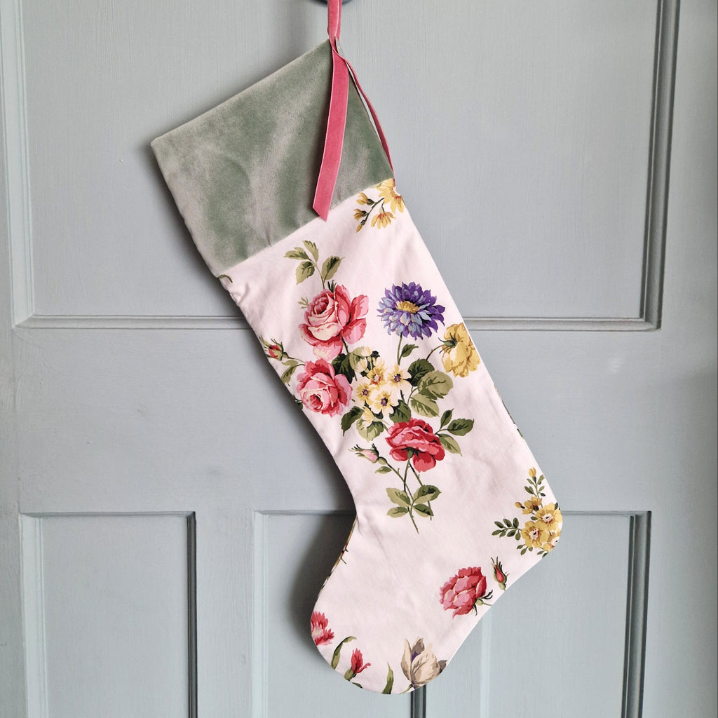 Vintage Floral Fabric Christmas Stocking -White Sanderson Cottage Florals