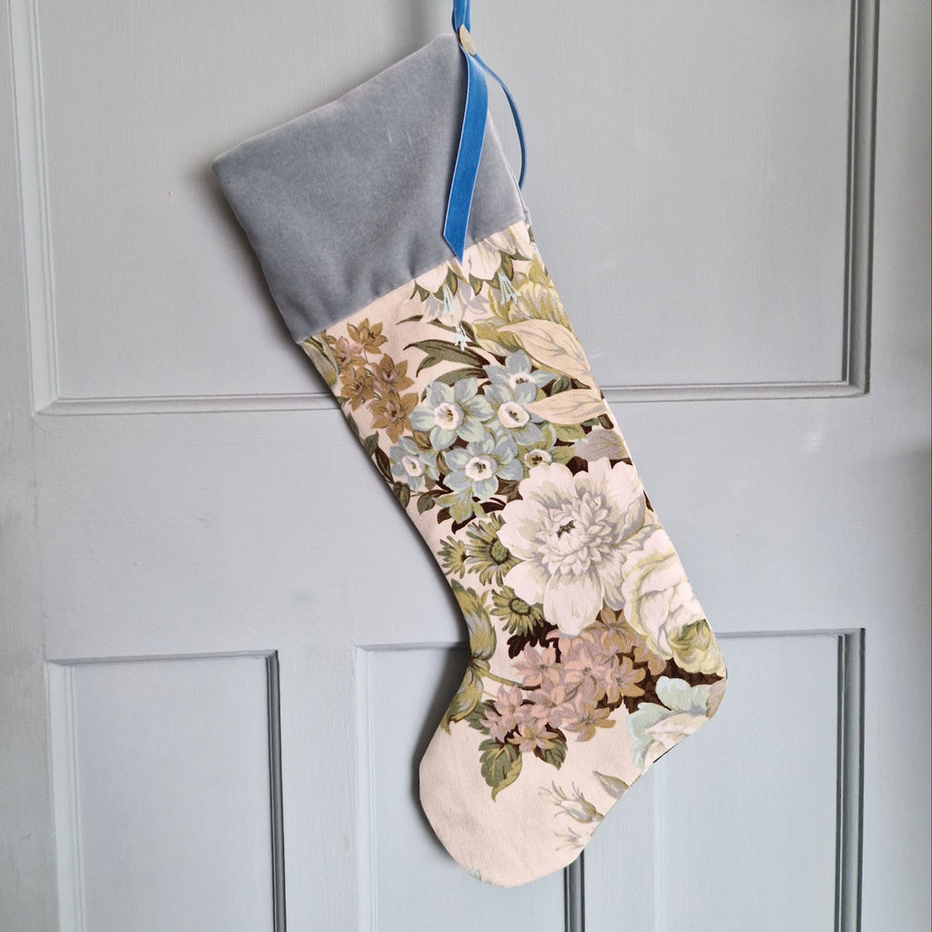 Vintage Floral Fabric Christmas Stocking -Pale Sanderson Florals Duck Egg Velvet