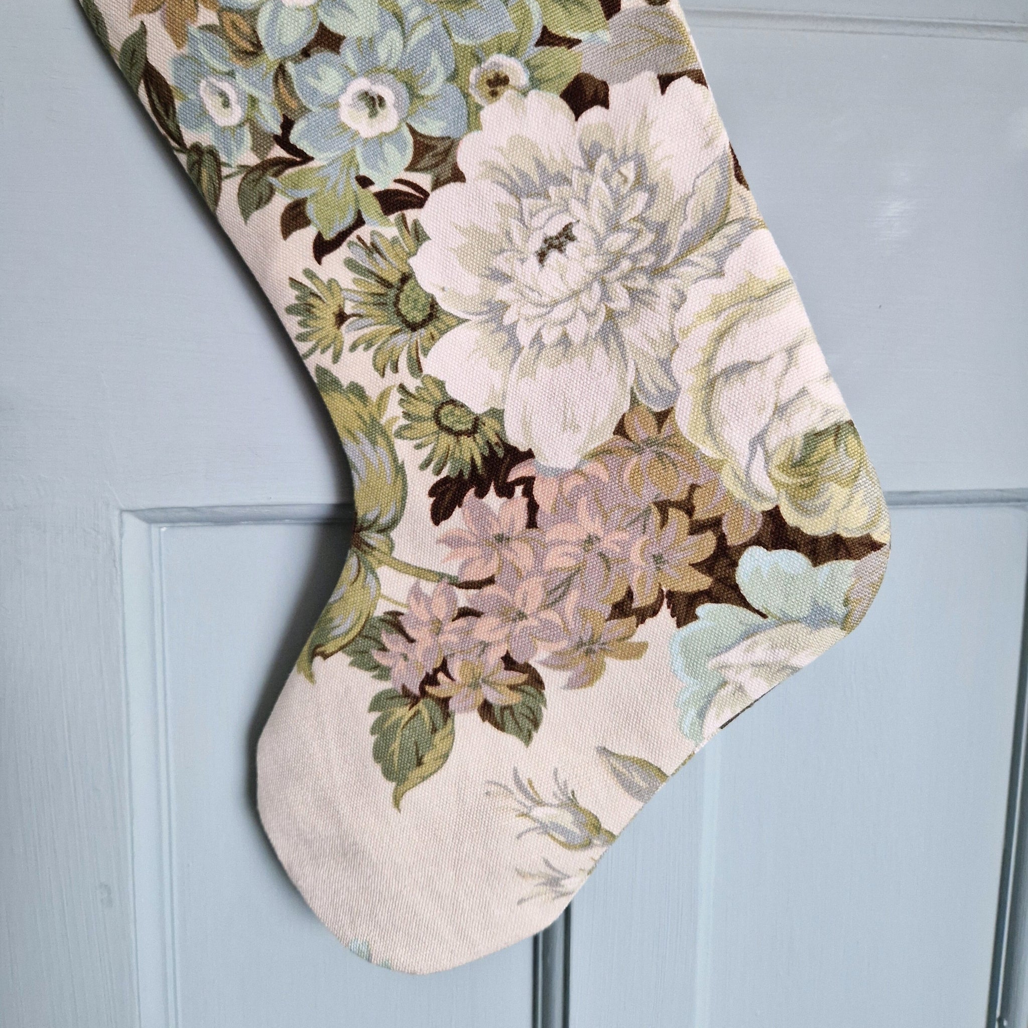 Vintage Floral Fabric Christmas Stocking -Pale Sanderson Florals Duck Egg Velvet