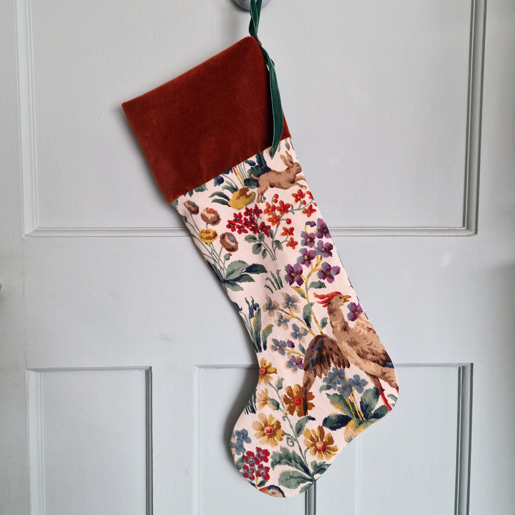 Vintage Floral Fabric Christmas Stocking -Sanderson 'Cluny' Countryside Print Rust Velvet