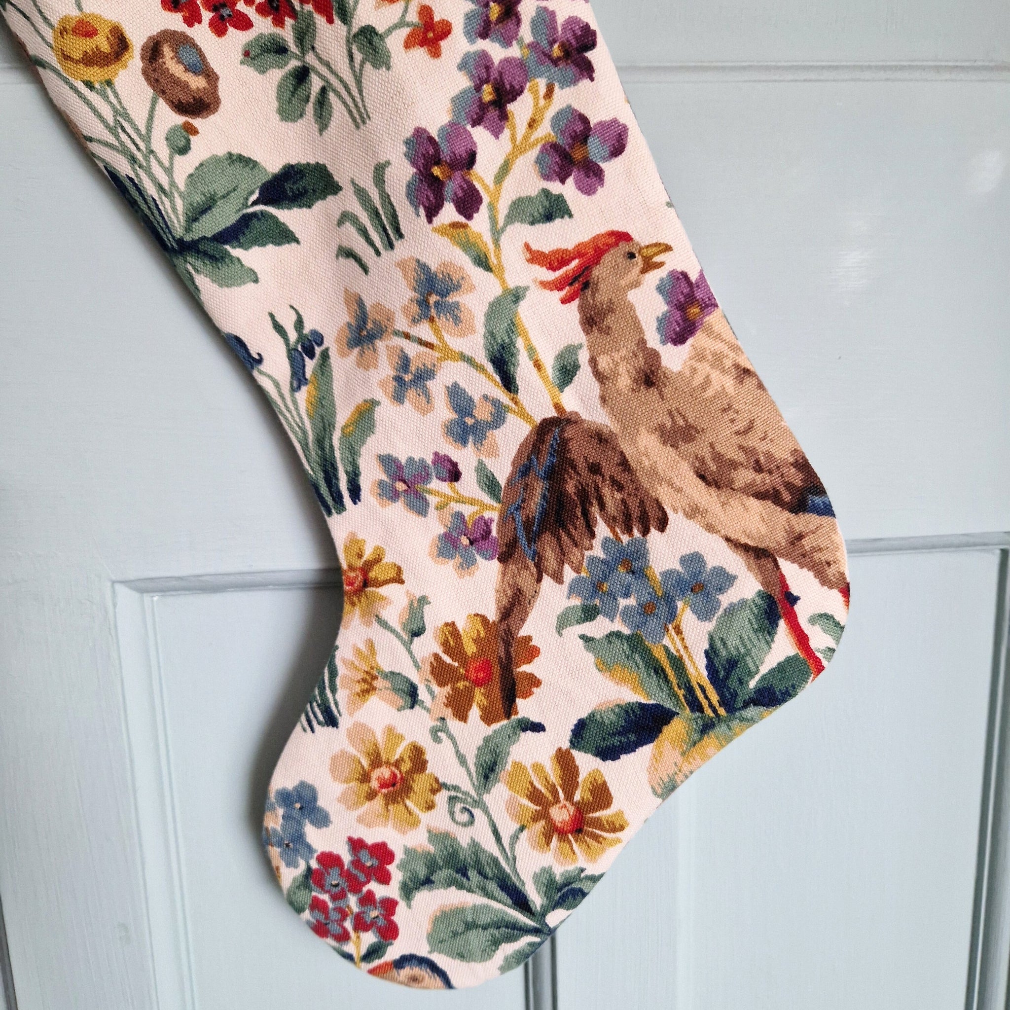 Vintage Floral Fabric Christmas Stocking -Sanderson 'Cluny' Countryside Print Rust Velvet
