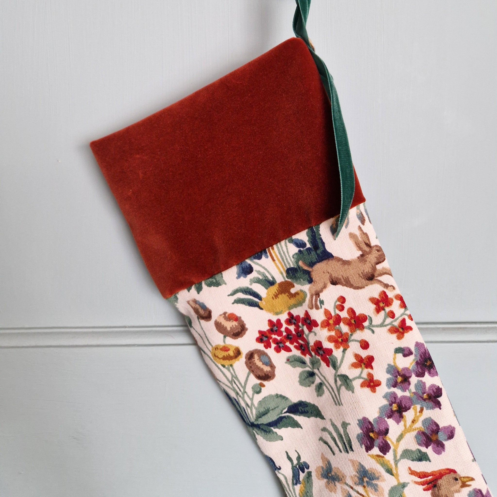 Vintage Floral Fabric Christmas Stocking -Sanderson 'Cluny' Countryside Print Rust Velvet