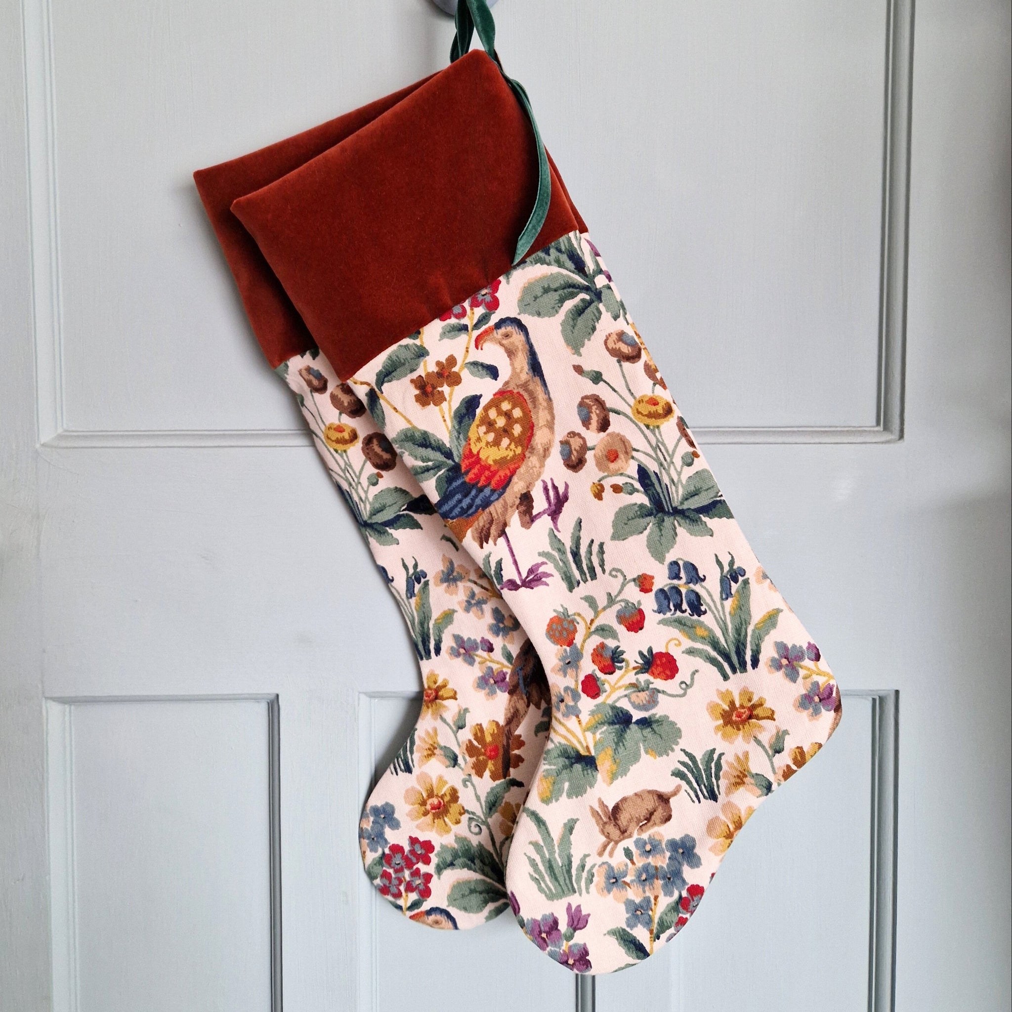 Vintage Floral Fabric Christmas Stocking -Sanderson 'Cluny' Countryside Print Rust Velvet