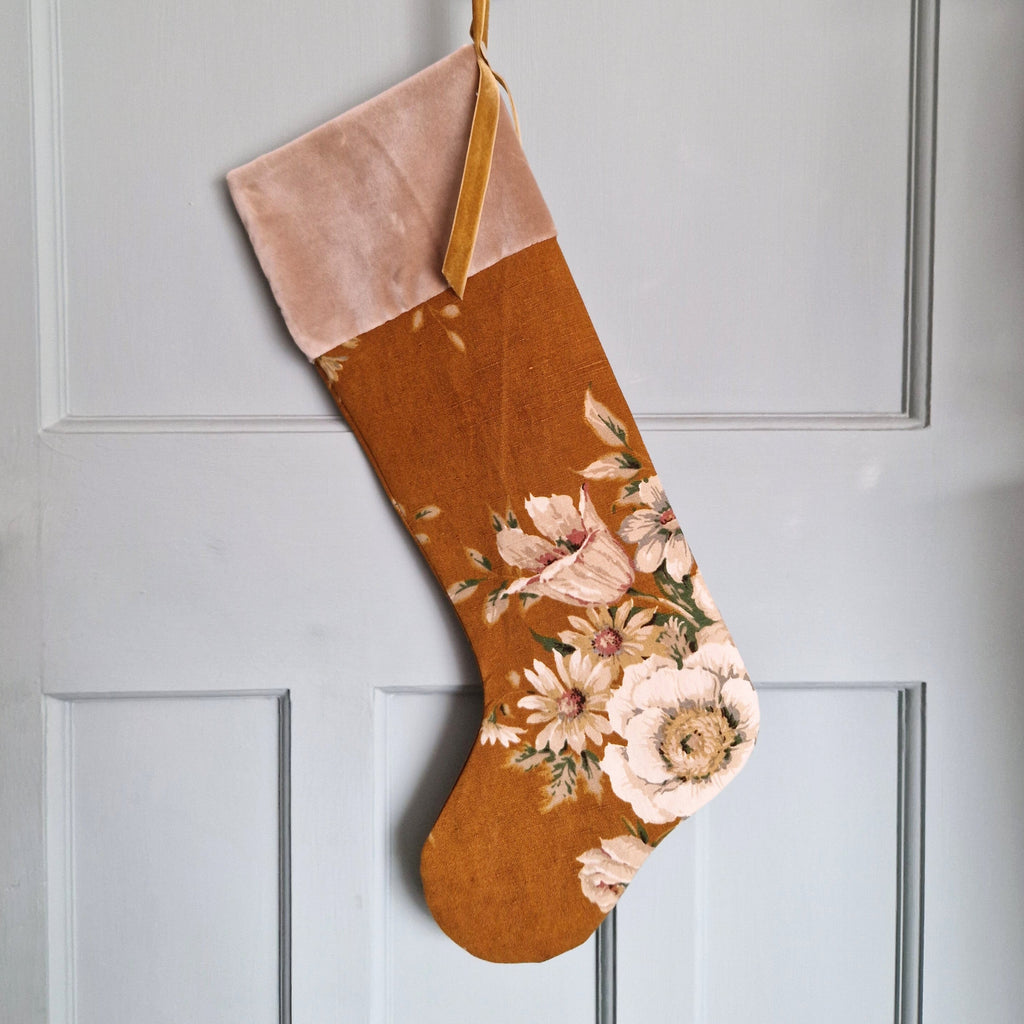 Vintage Floral Fabric Christmas Stocking -Tobacco Sanderson Florals Beige Velvet