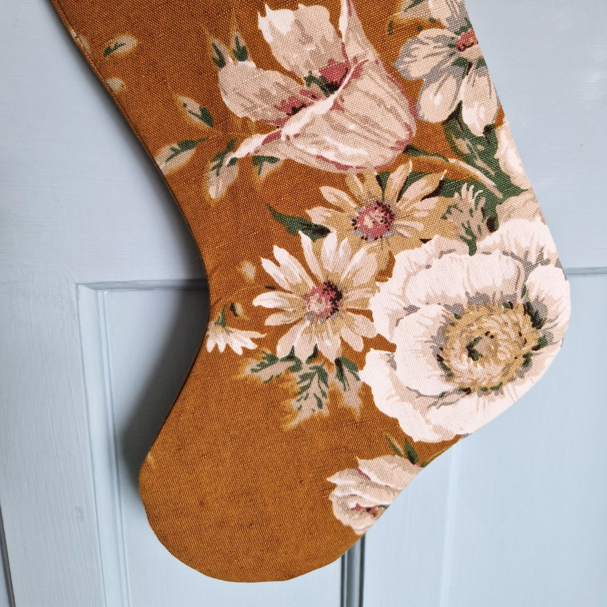 Vintage Floral Fabric Christmas Stocking -Tobacco Sanderson Florals Beige Velvet