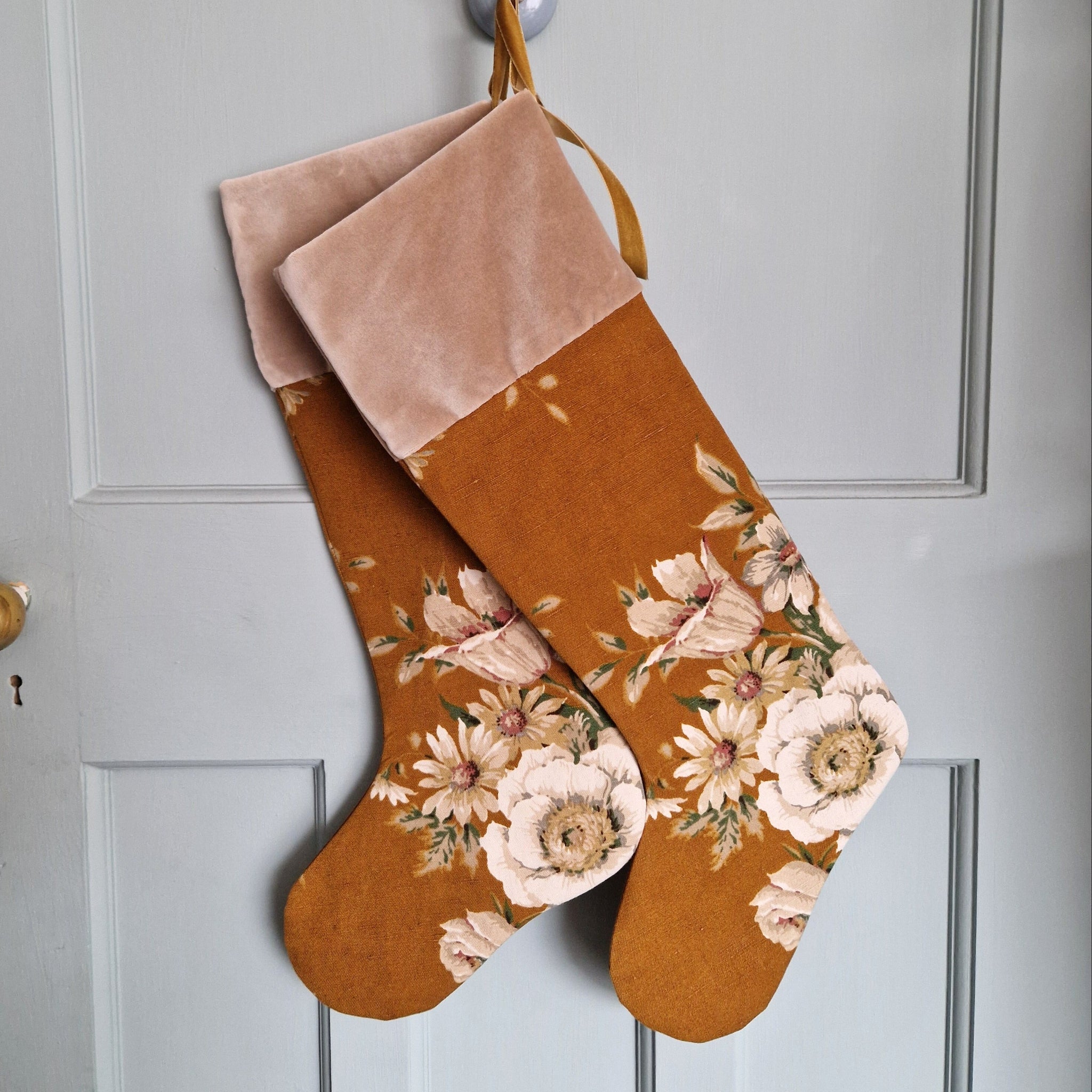 Vintage Floral Fabric Christmas Stocking -Tobacco Sanderson Florals Beige Velvet