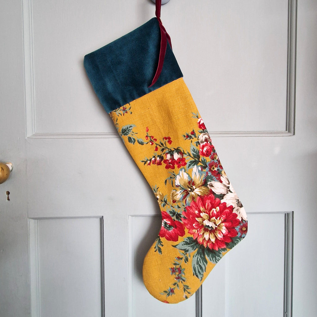 Vintage Floral Fabric Christmas Stocking - Mustard and Red Florals Teal Velvet