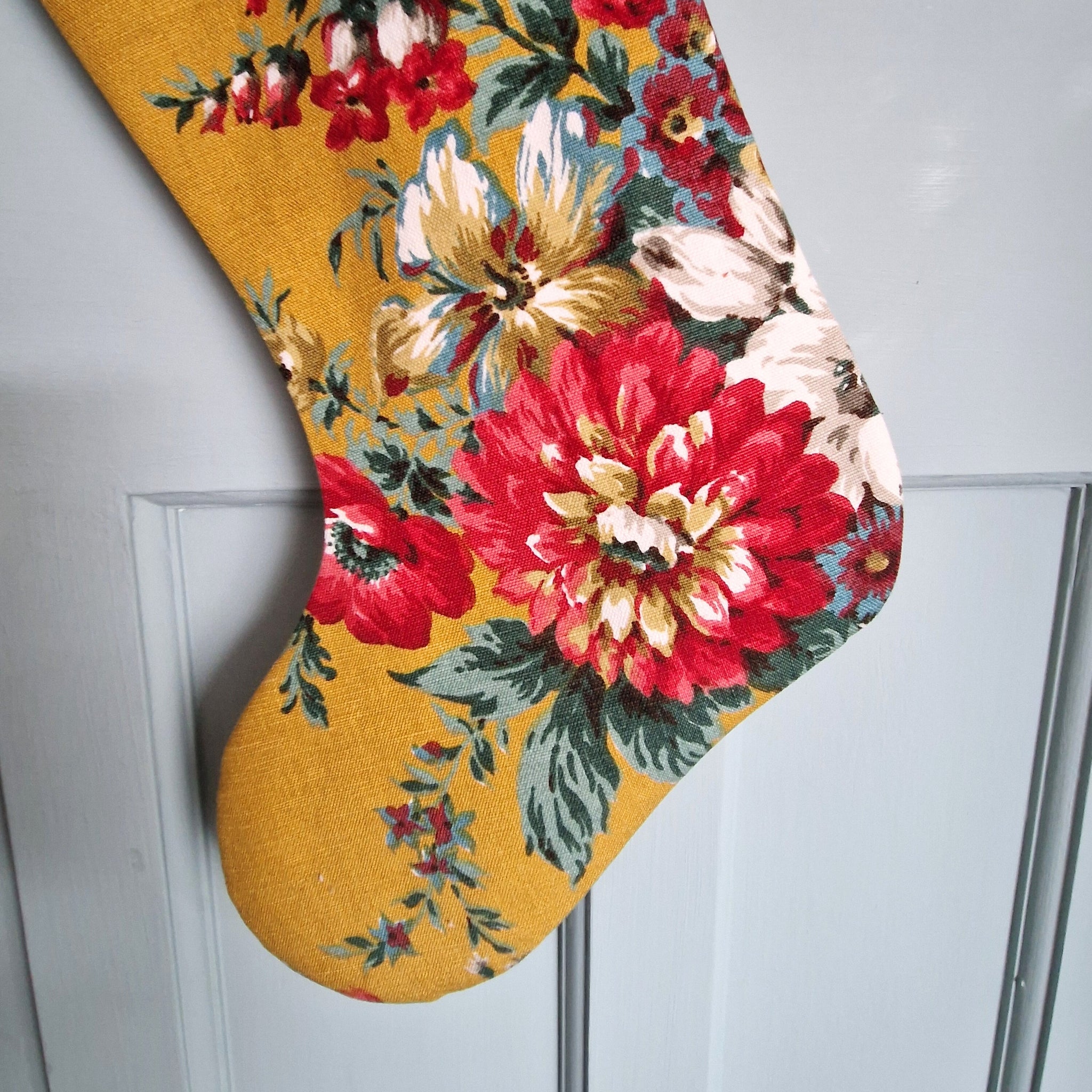 Vintage Floral Fabric Christmas Stocking - Mustard and Red Florals Teal Velvet