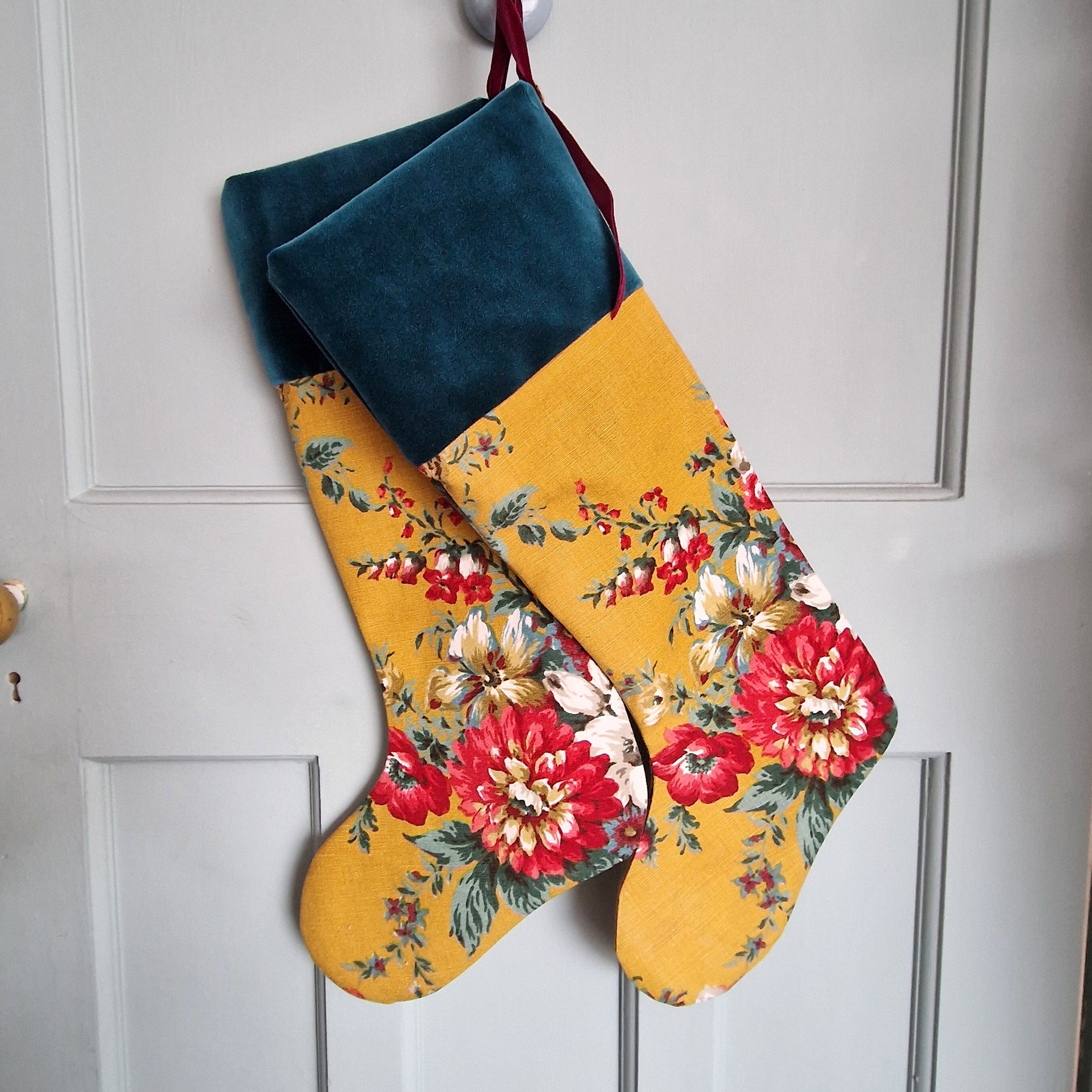 Vintage Floral Fabric Christmas Stocking - Mustard and Red Florals Teal Velvet