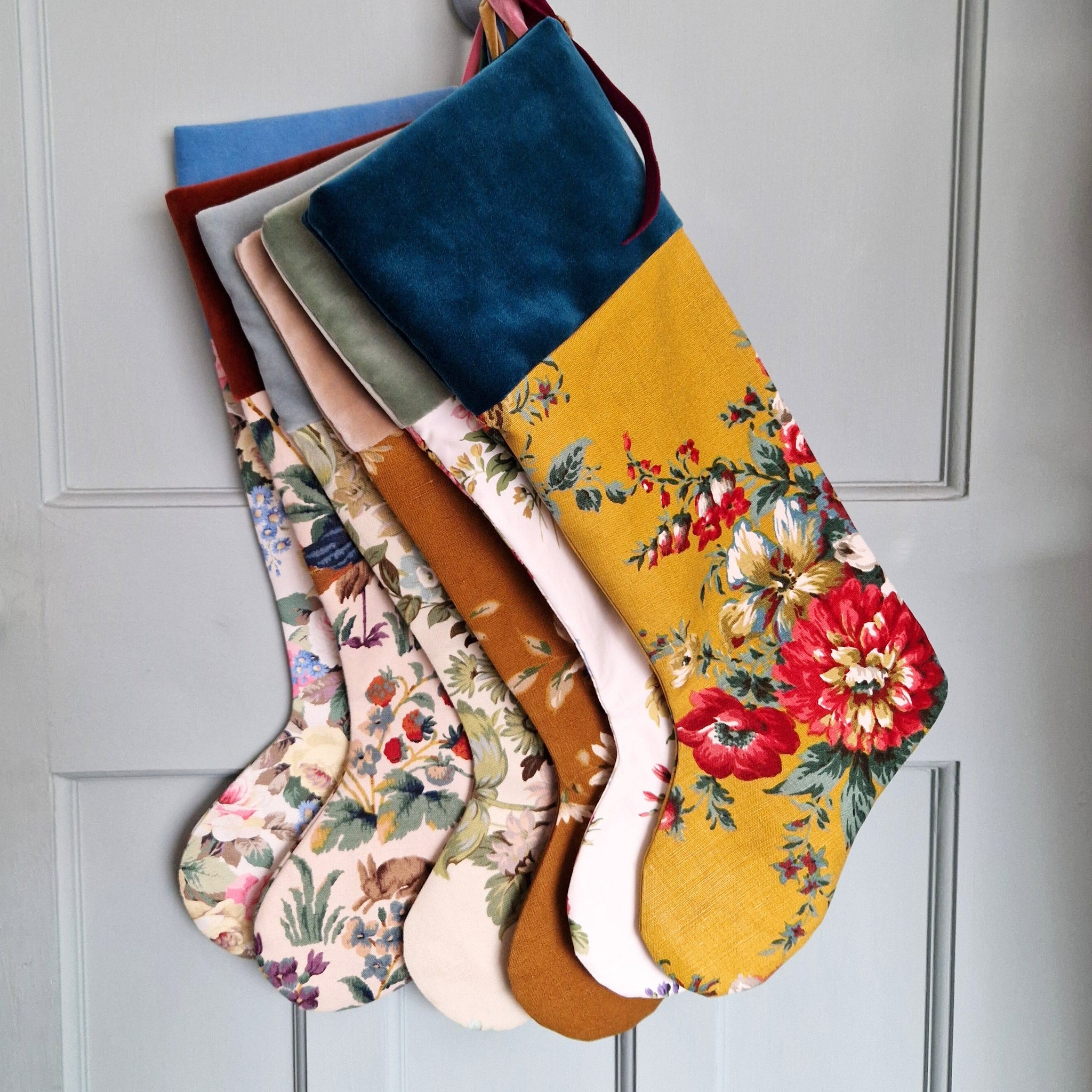 Vintage Floral Fabric Christmas Stocking - Mustard and Red Florals Teal Velvet