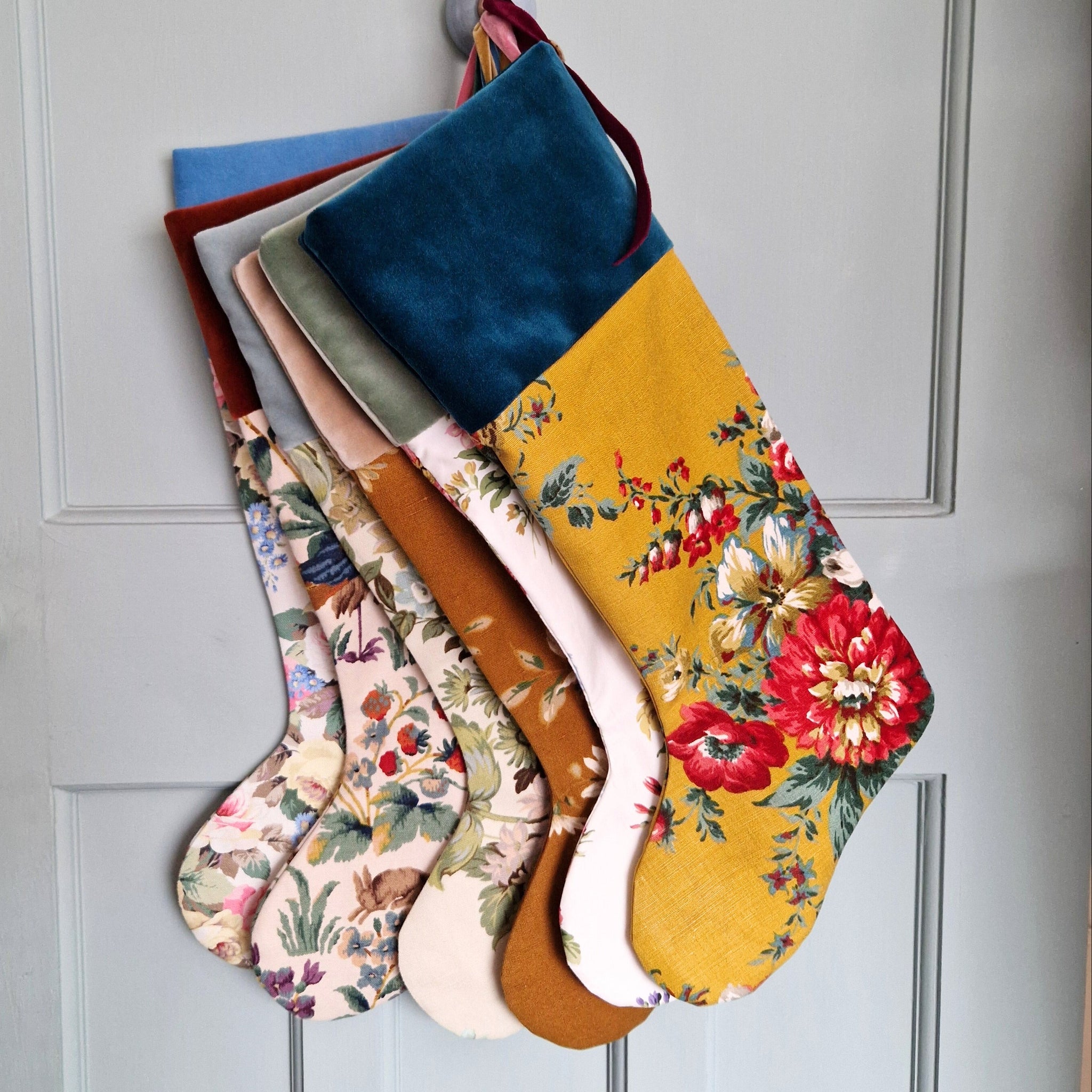 Vintage Floral Fabric Christmas Stocking -Tobacco Sanderson Florals Beige Velvet