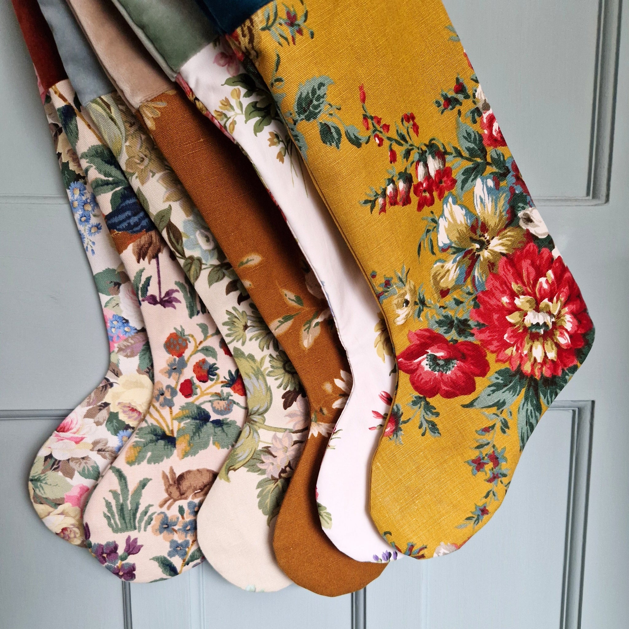 Vintage Floral Fabric Christmas Stocking - Mustard and Red Florals Teal Velvet