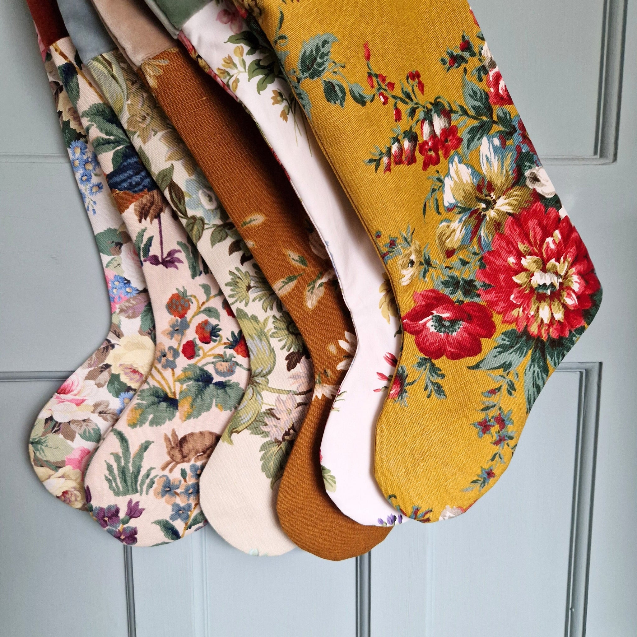 Vintage Floral Fabric Christmas Stocking -Tobacco Sanderson Florals Beige Velvet