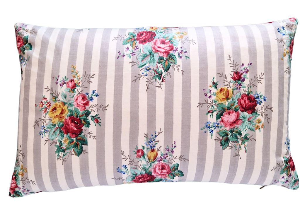 Rectangle Scatter Cushion Cover In Vintage Sanderson Grey Stripe Floral Glazed Cotton