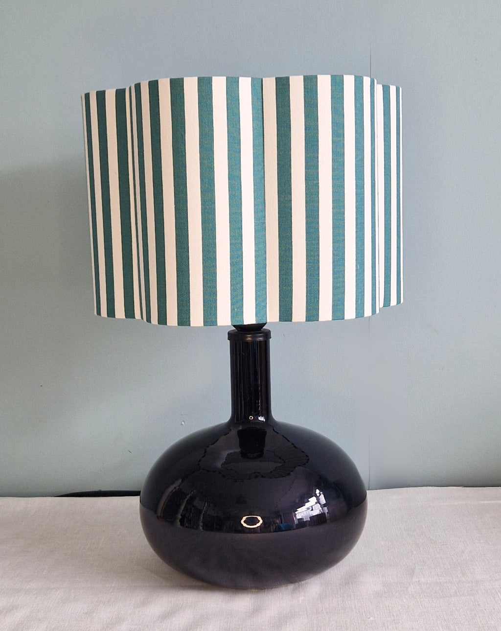 Scallop Frame Drum Shade In Vintage Sanderson Bottle Green Stripe